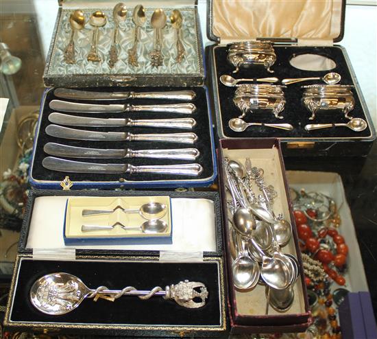 Mixed silver spoons & cruets, etc